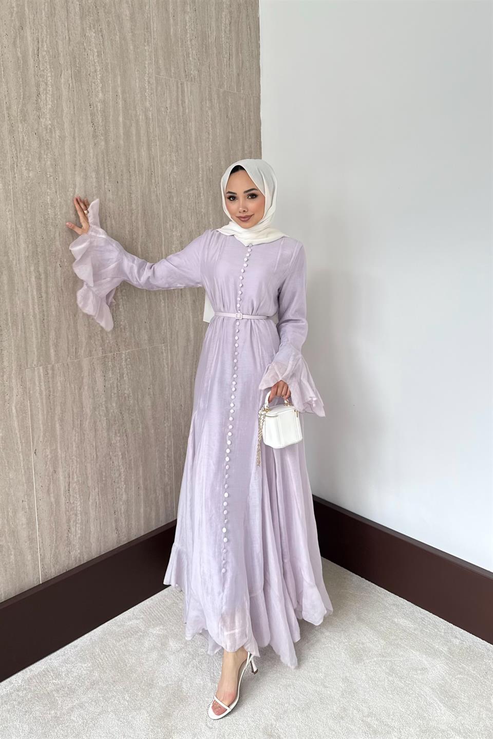 Fırfır Kol Düğmeli Vual Elbise - Lila