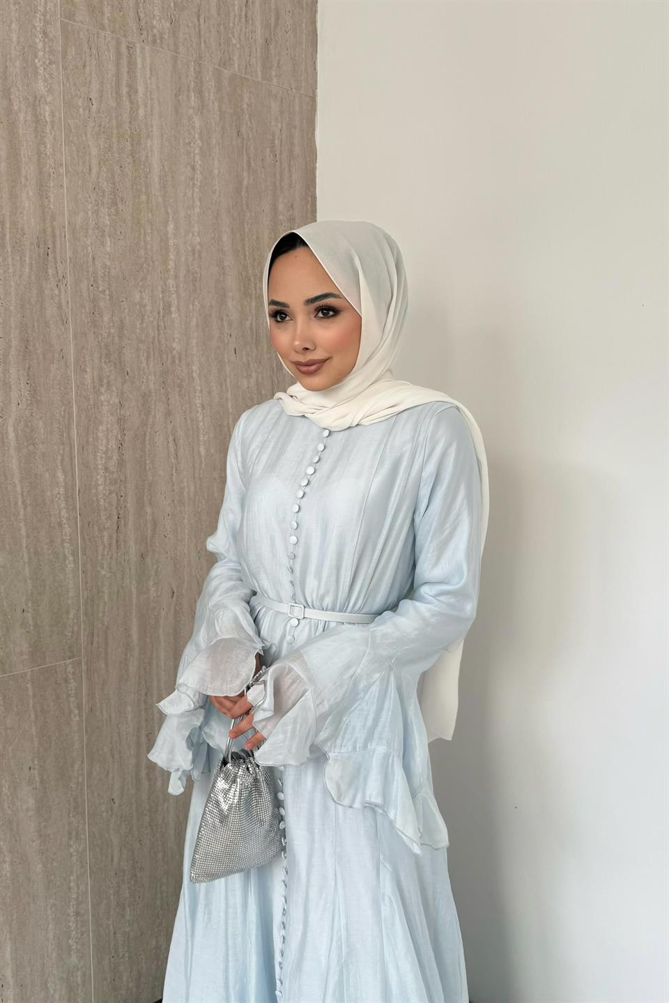 Fırfır Kol Düğmeli Vual Elbise - Mavi