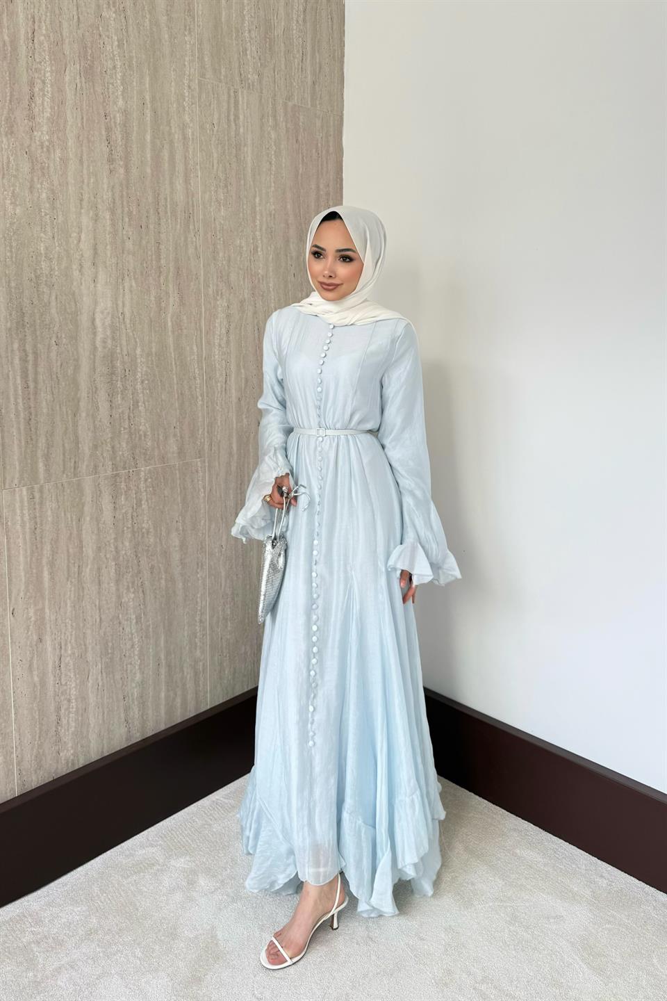 Fırfır Kol Düğmeli Vual Elbise - Mavi