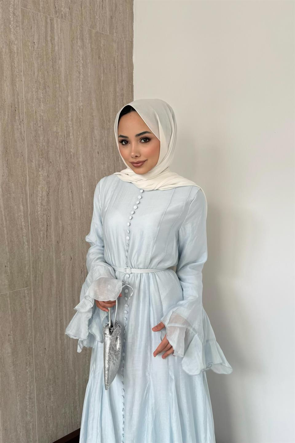 Fırfır Kol Düğmeli Vual Elbise - Mavi