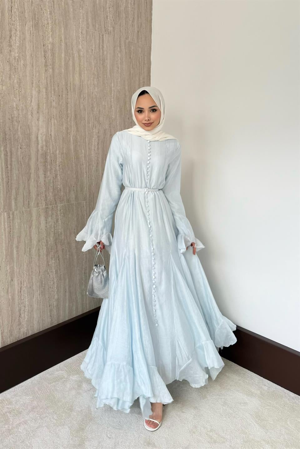 Fırfır Kol Düğmeli Vual Elbise - Mavi