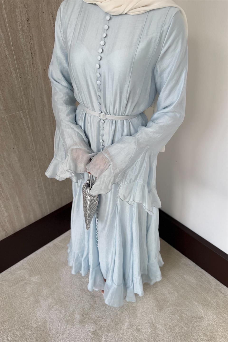 Fırfır Kol Düğmeli Vual Elbise - Mavi