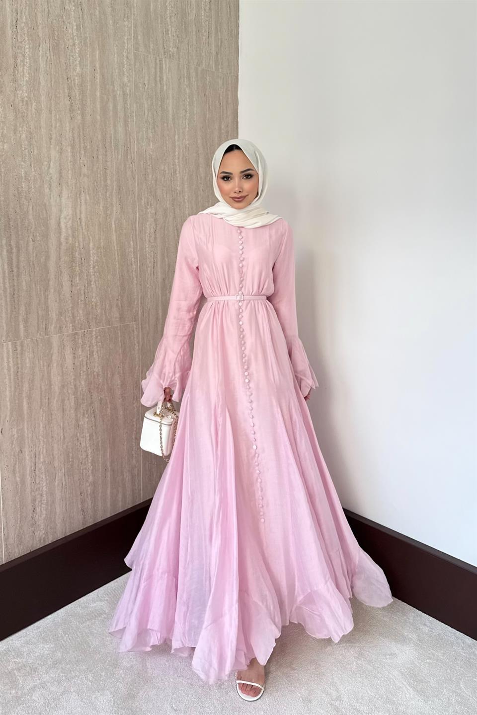 Fırfır Kol Düğmeli Vual Elbise - Pembe