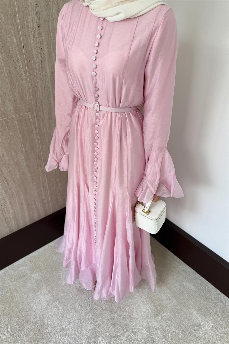 Fırfır Kol Düğmeli Vual Elbise - Pembe