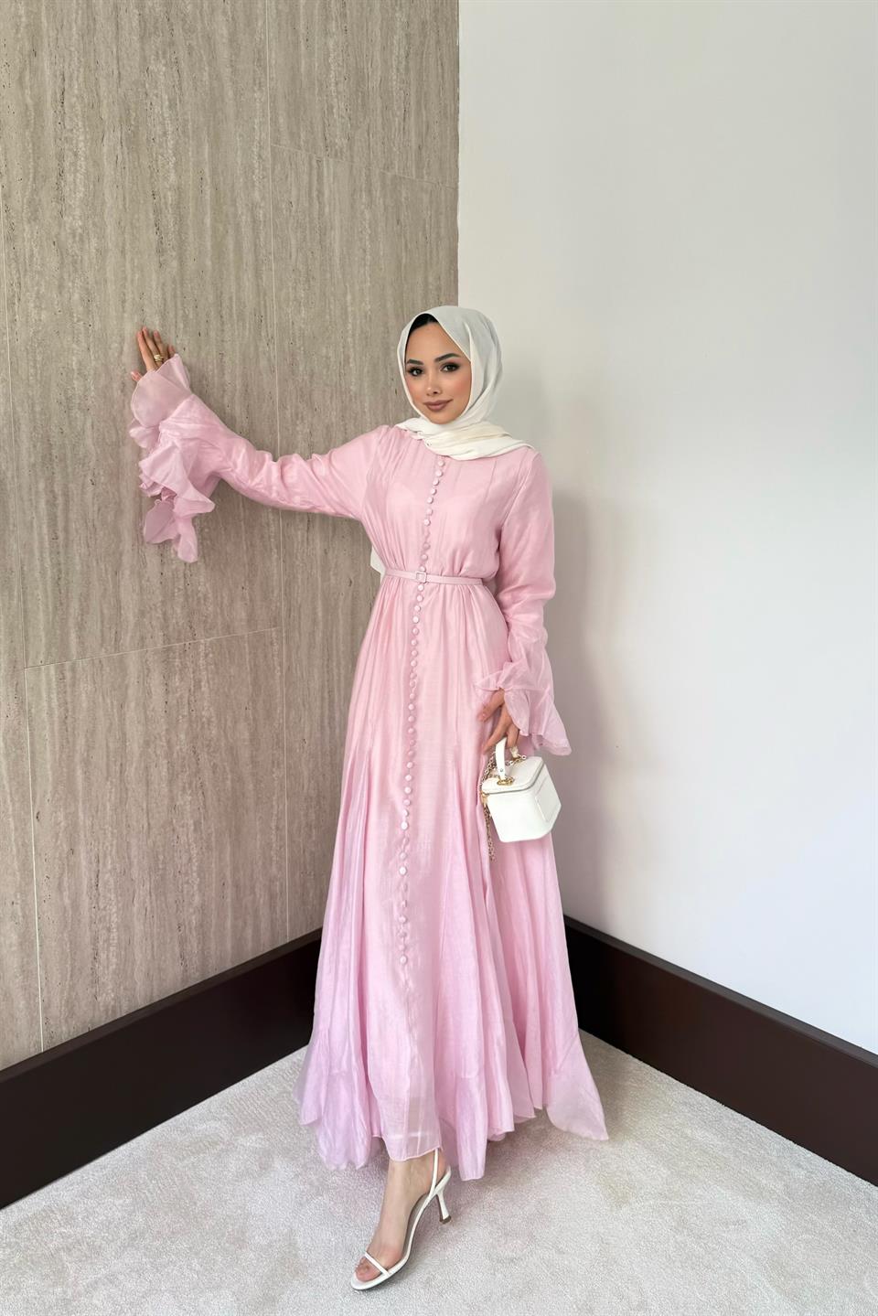 Fırfır Kol Düğmeli Vual Elbise - Pembe