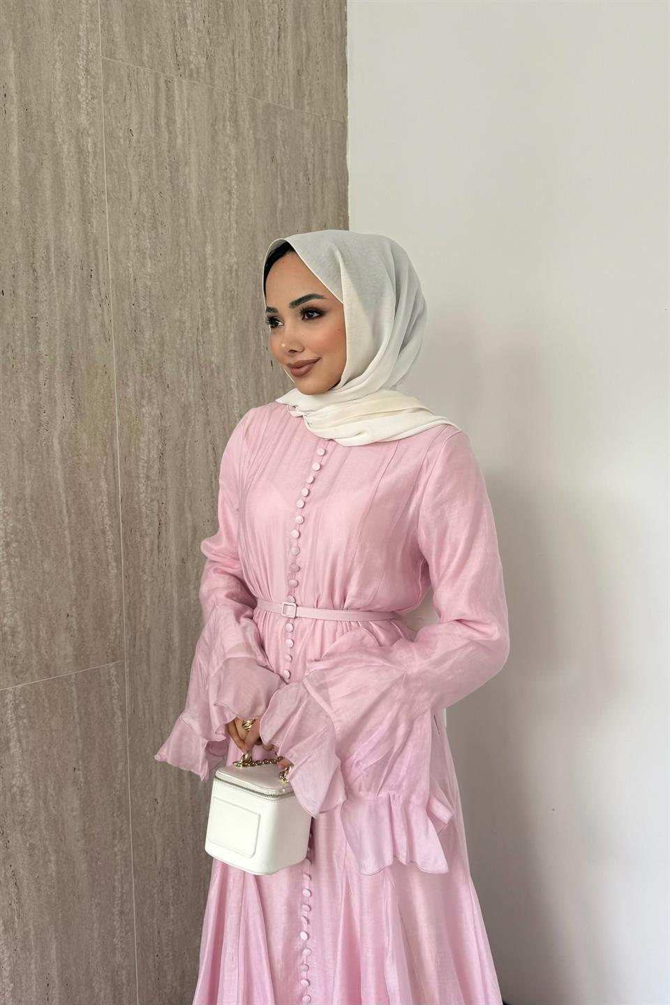 Fırfır Kol Düğmeli Vual Elbise - Pembe