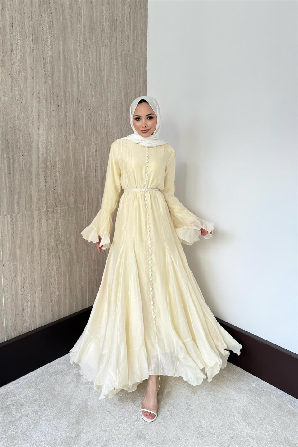 Fırfır Kol Düğmeli Vual Elbise - Sarı