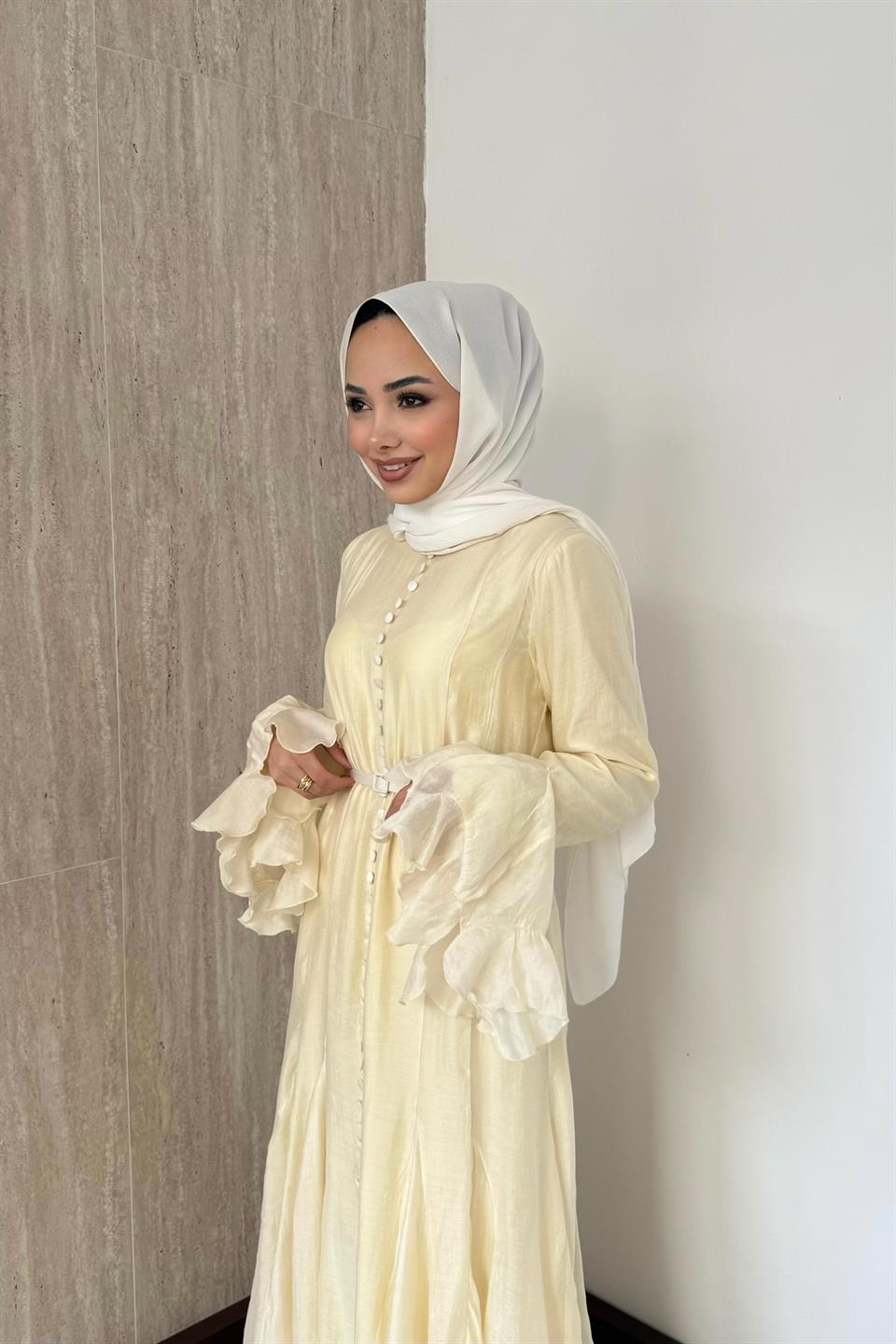 Fırfır Kol Düğmeli Vual Elbise - Sarı