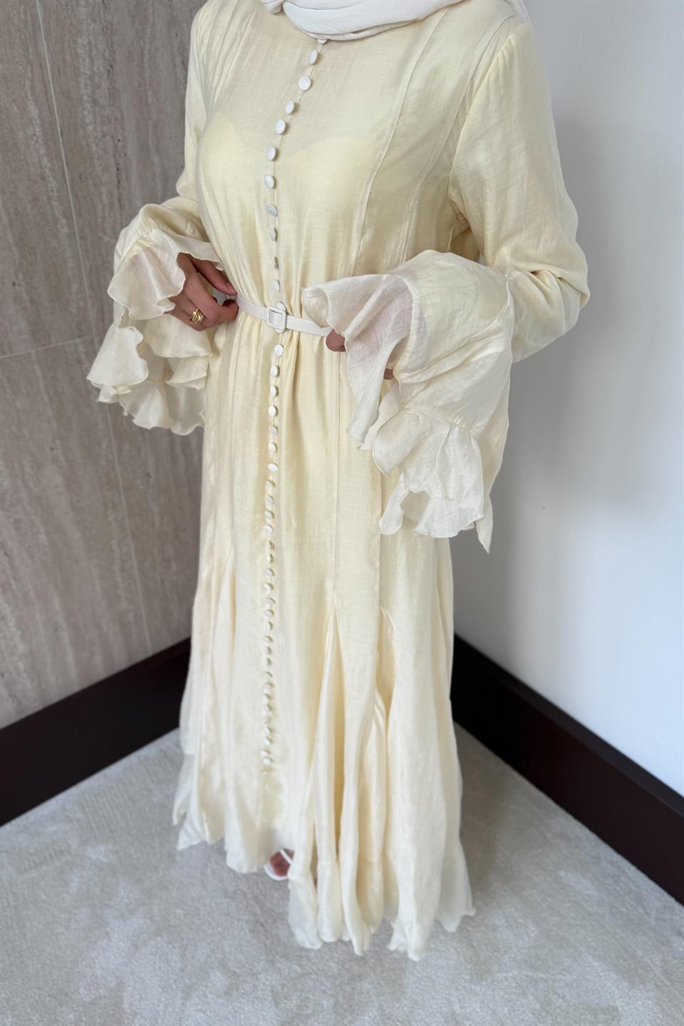 Fırfır Kol Düğmeli Vual Elbise - Sarı