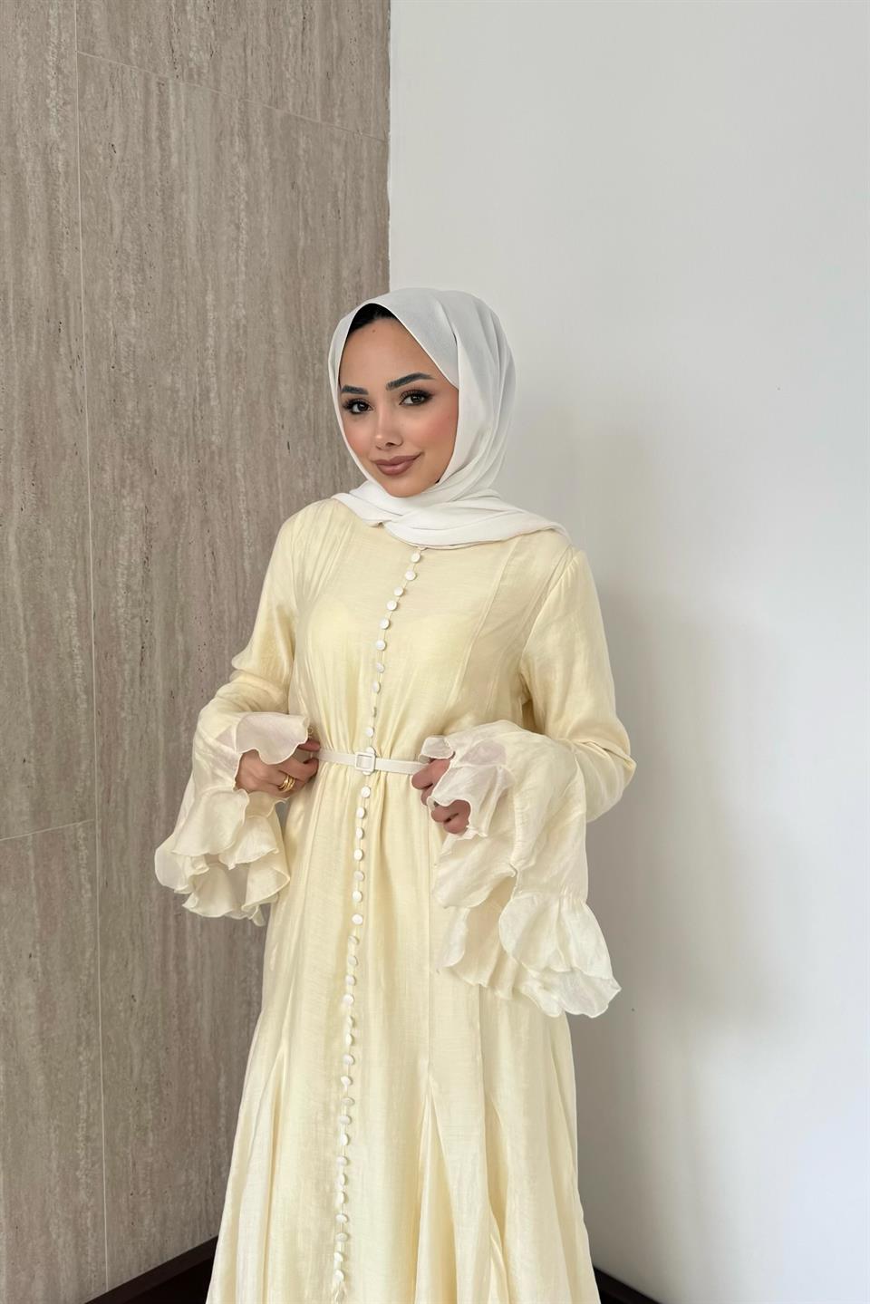 Fırfır Kol Düğmeli Vual Elbise - Sarı