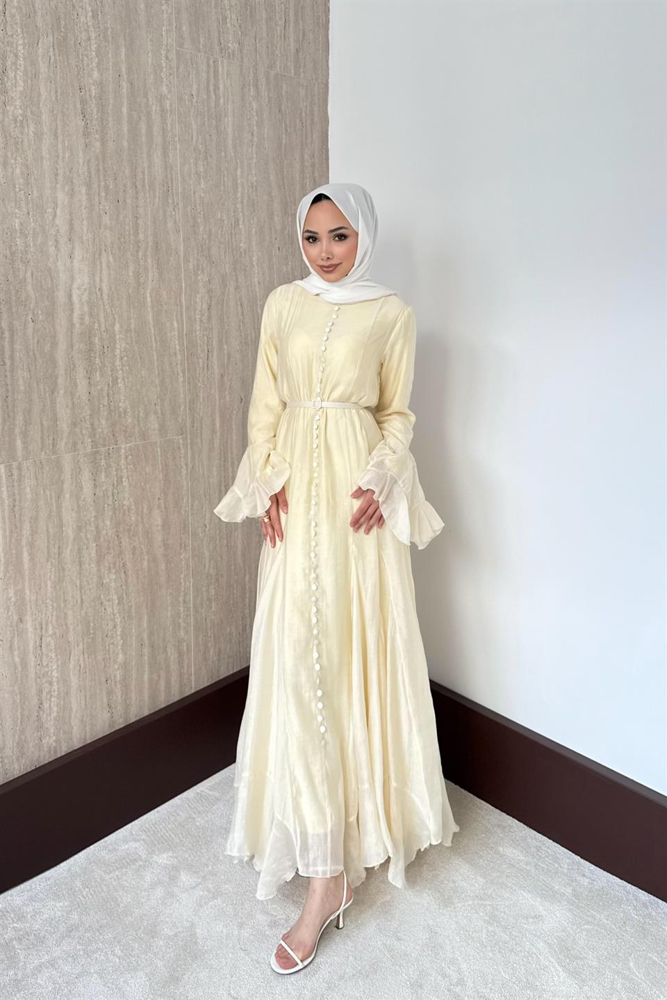 Fırfır Kol Düğmeli Vual Elbise - Sarı