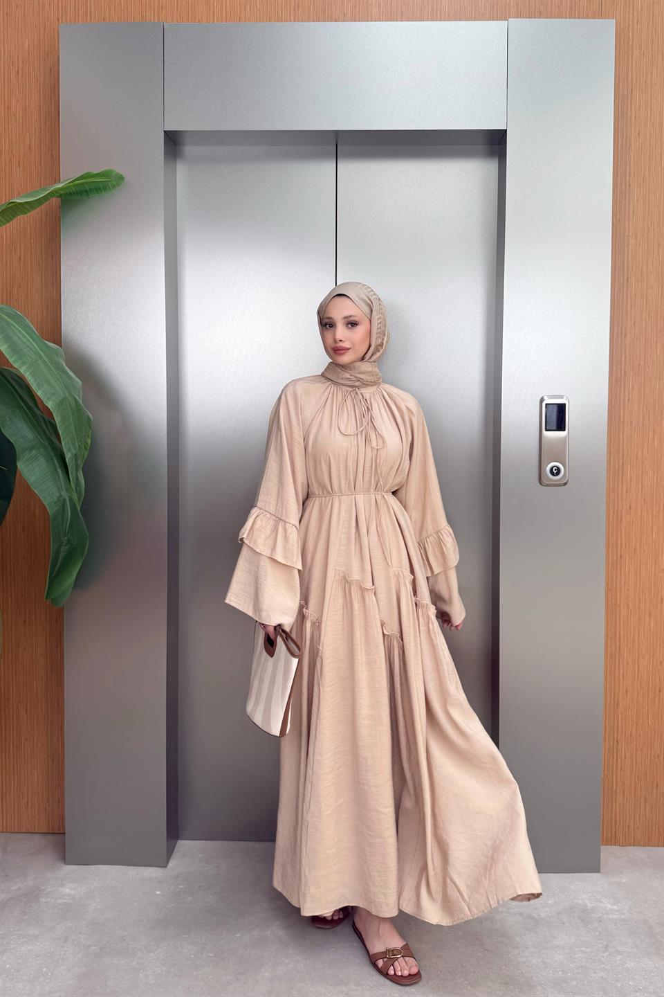 Ruffle Sleeve Voile Dress - Beige