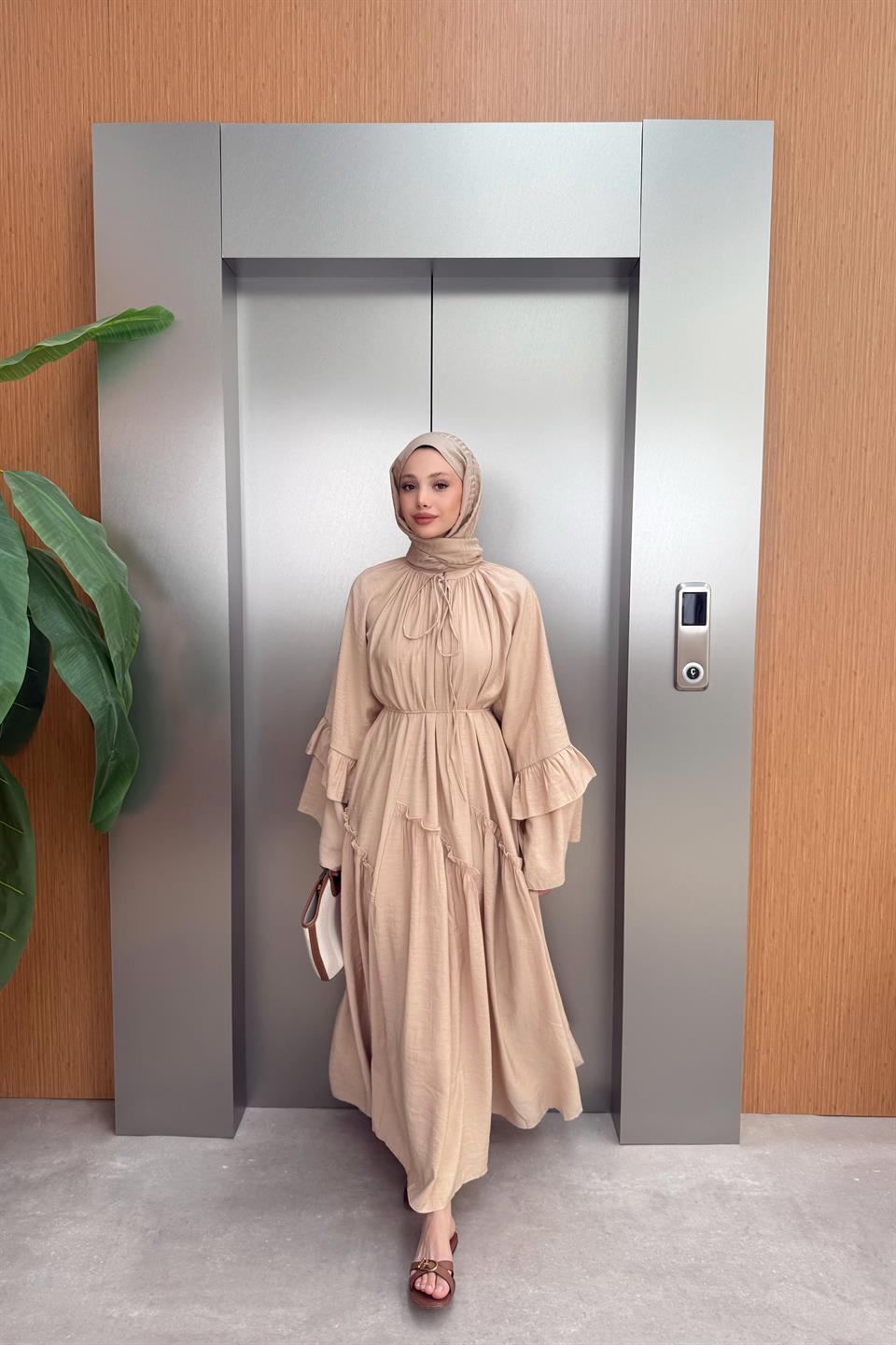 Ruffle Sleeve Voile Dress - Beige