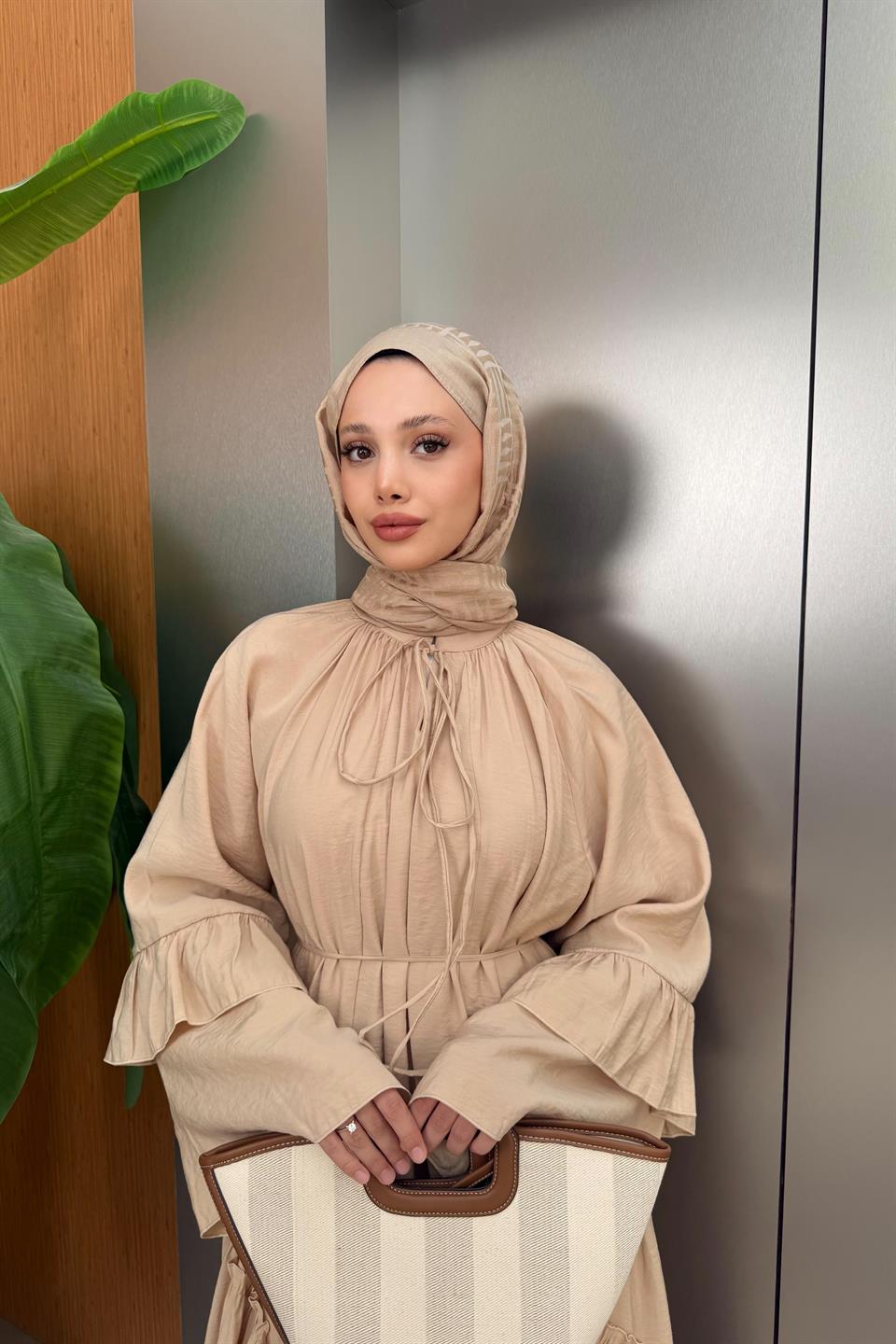 Ruffle Sleeve Voile Dress - Beige