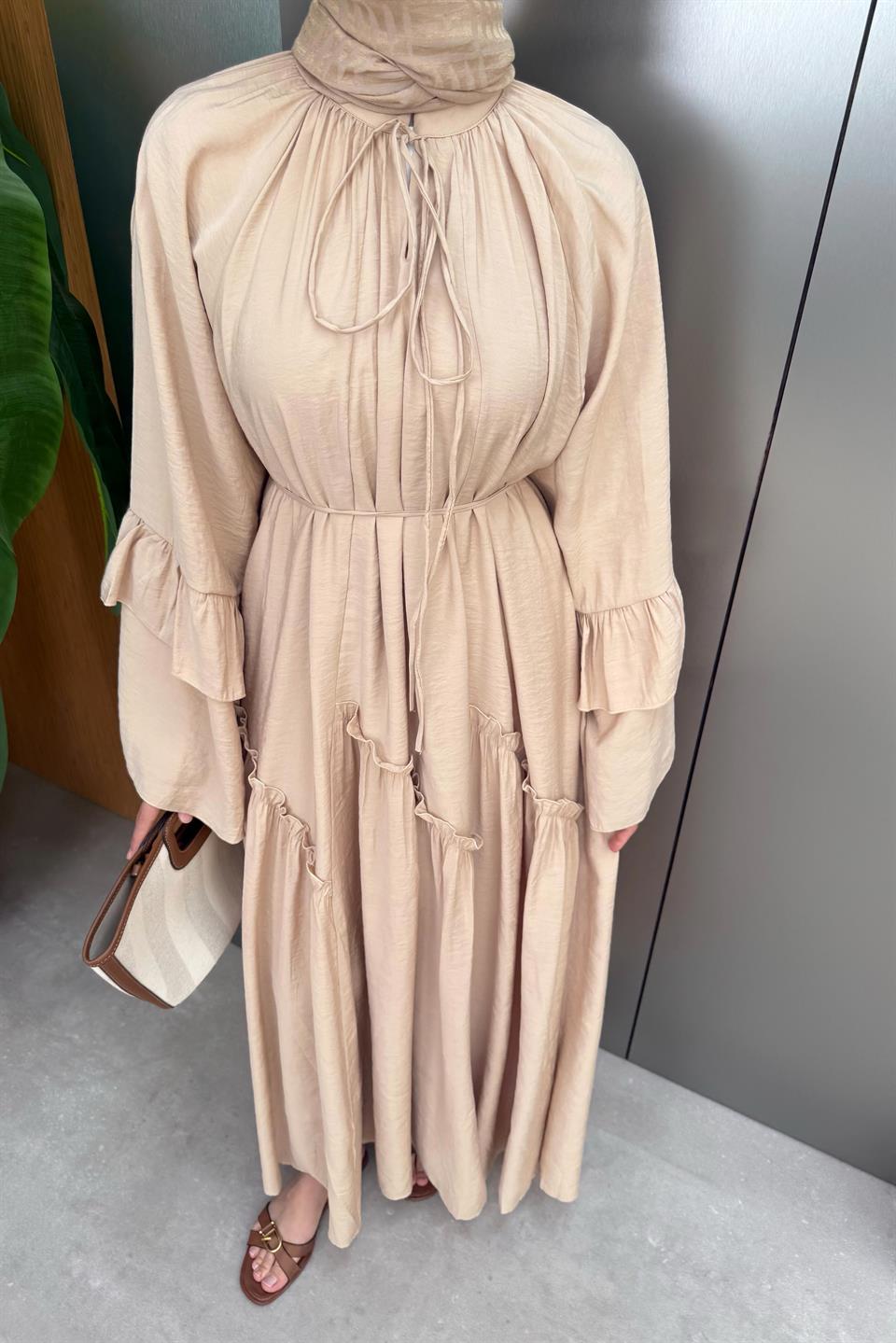 Ruffle Sleeve Voile Dress - Beige