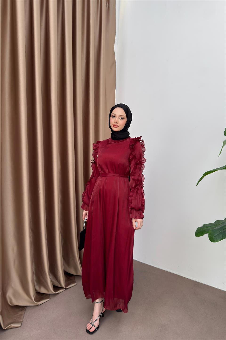 Fırfır Kollu Şifon Elbise - Bordo