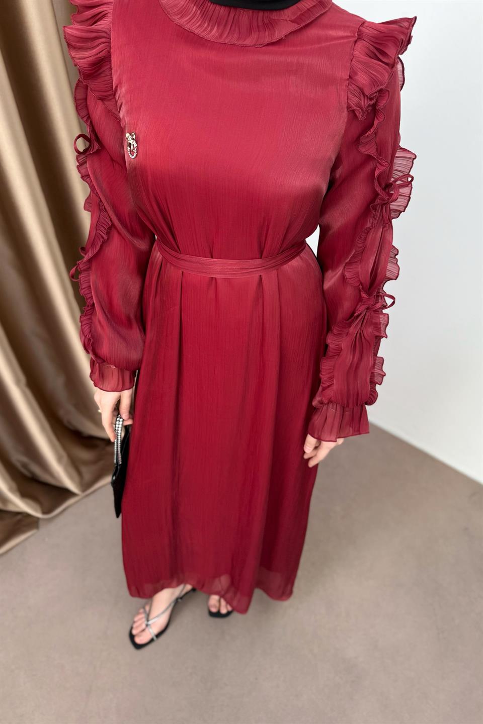 Fırfır Kollu Şifon Elbise - Bordo
