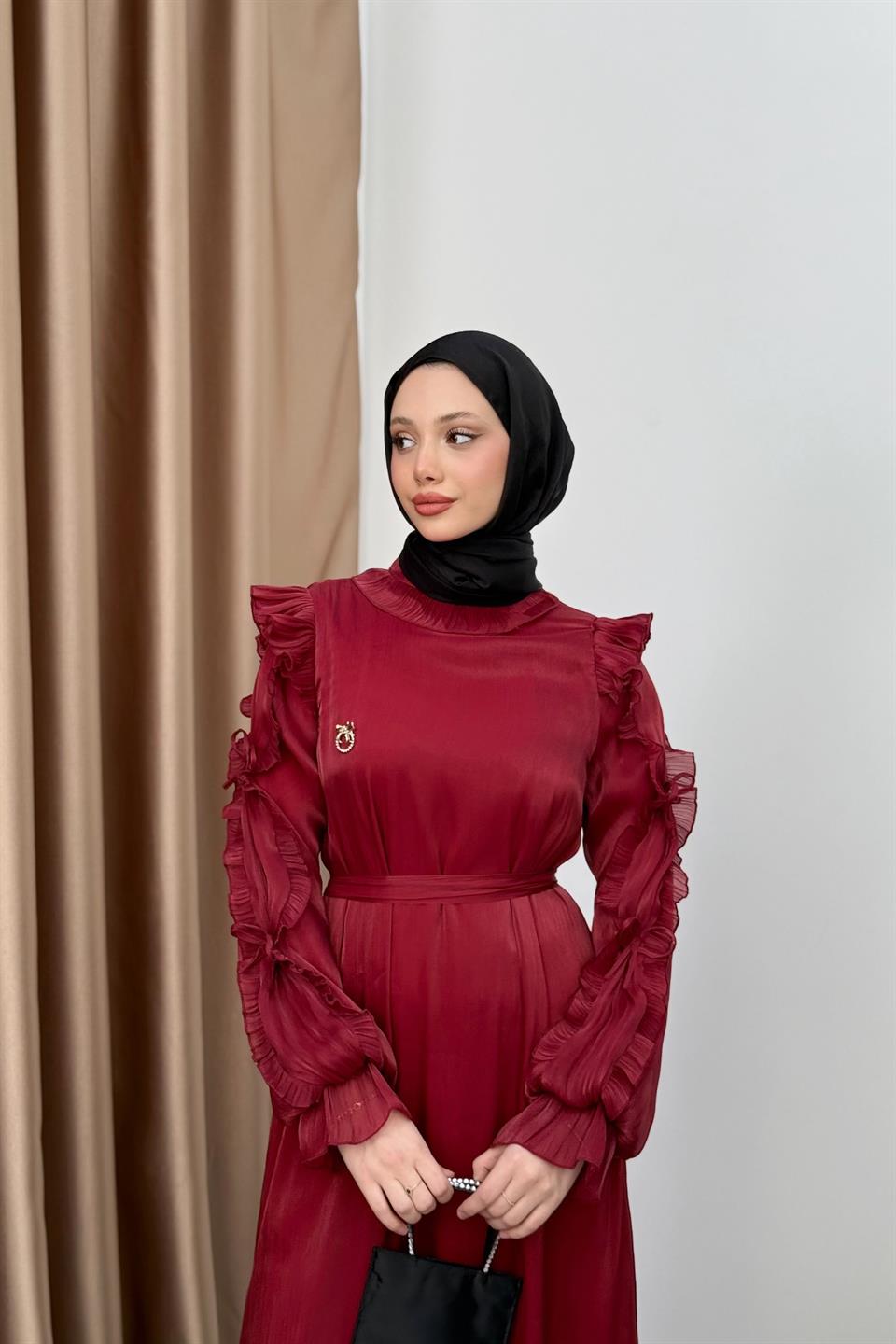 Fırfır Kollu Şifon Elbise - Bordo