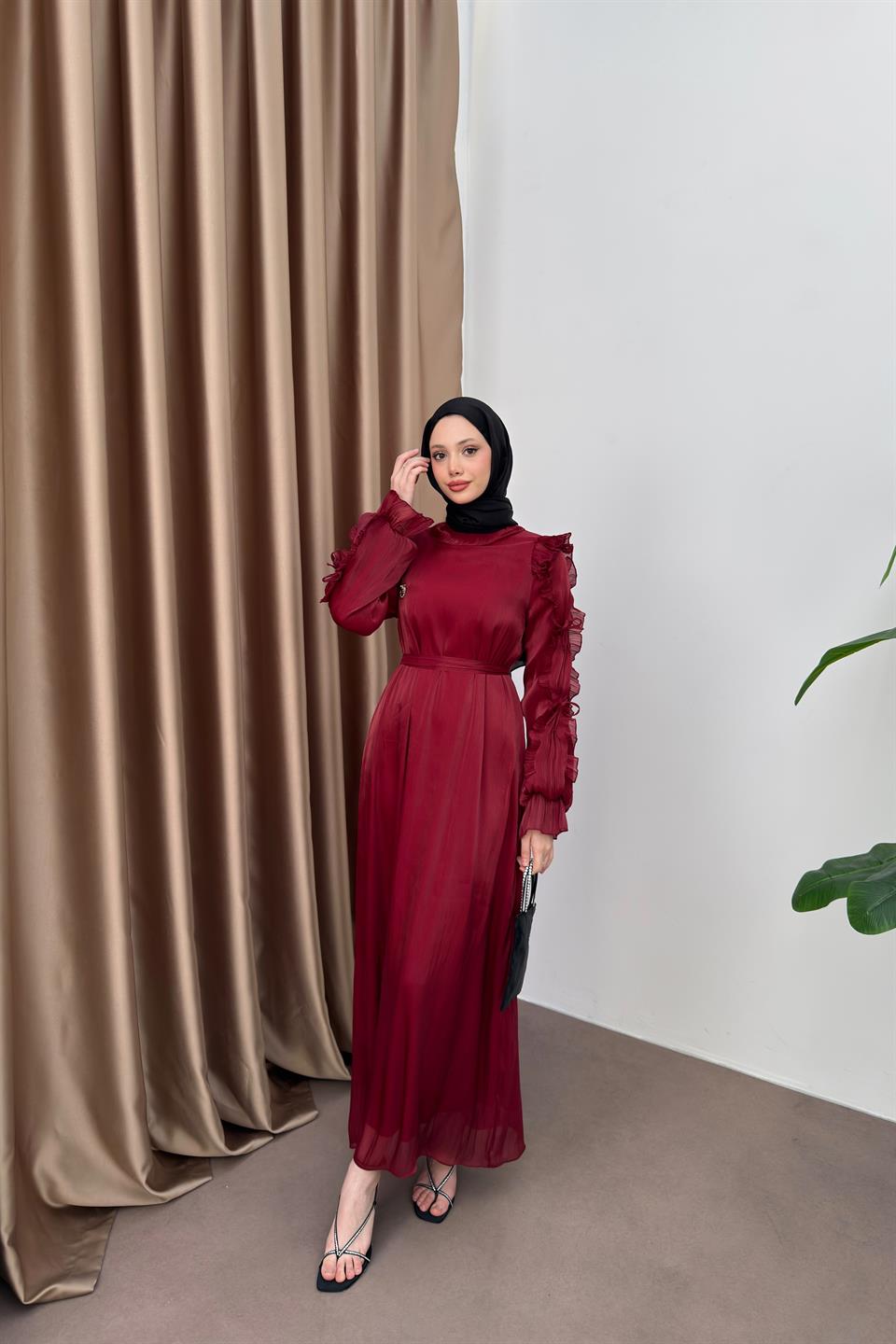 Fırfır Kollu Şifon Elbise - Bordo