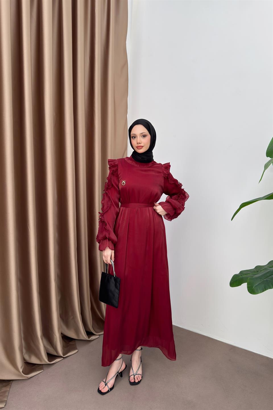 Fırfır Kollu Şifon Elbise - Bordo