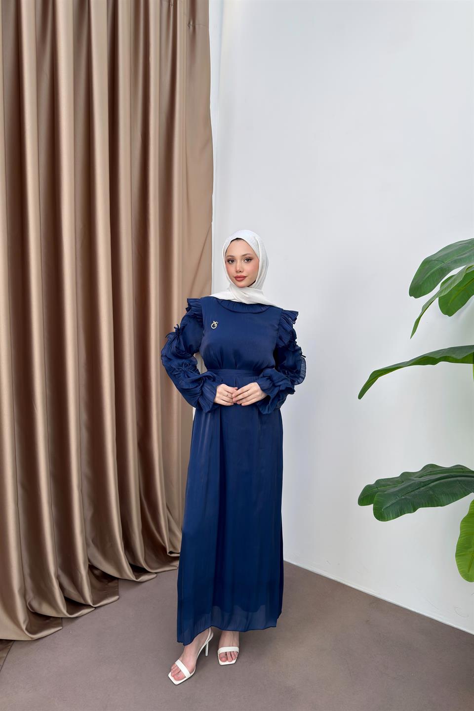 Fırfır Kollu Şifon Elbise - Lacivert