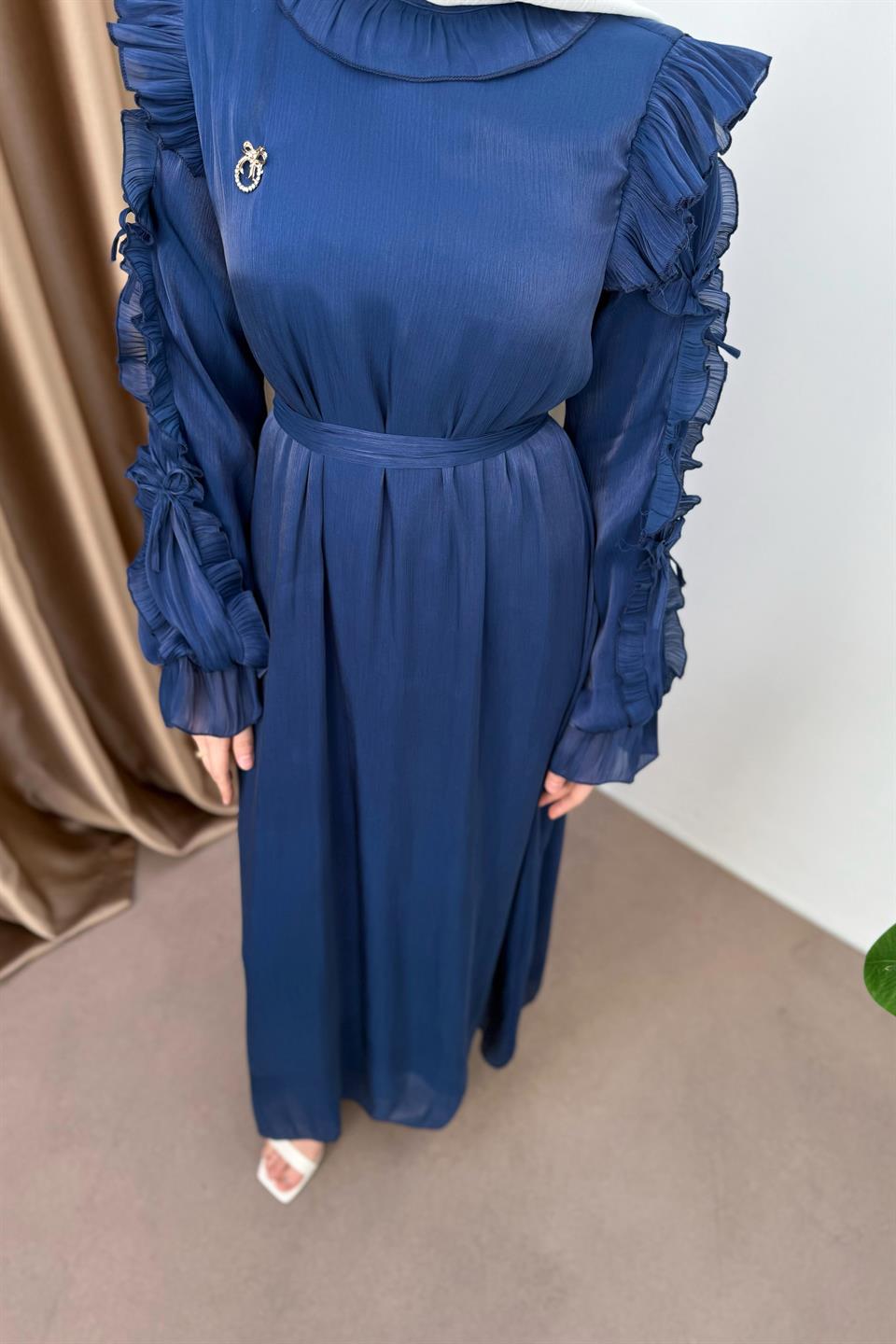 Fırfır Kollu Şifon Elbise - Lacivert