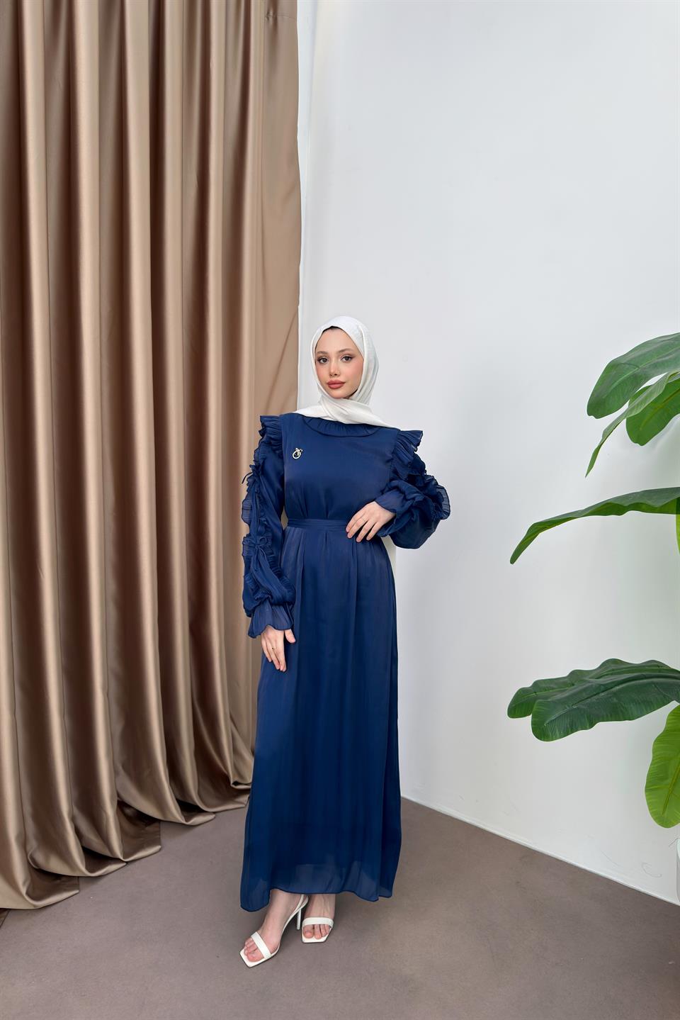 Fırfır Kollu Şifon Elbise - Lacivert