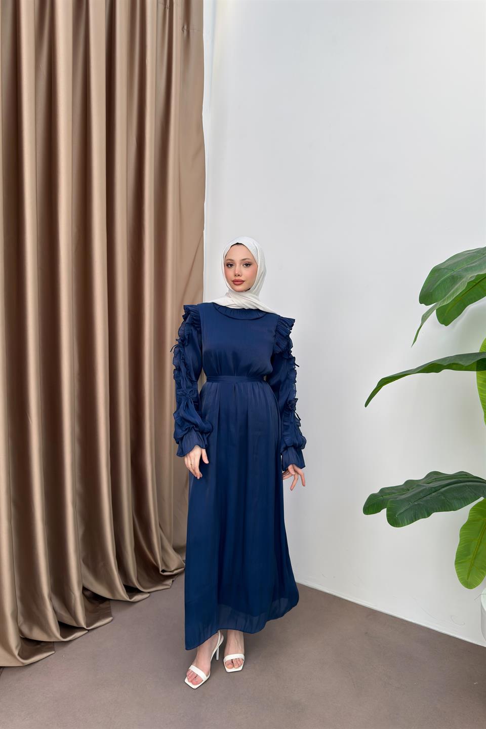 Fırfır Kollu Şifon Elbise - Lacivert