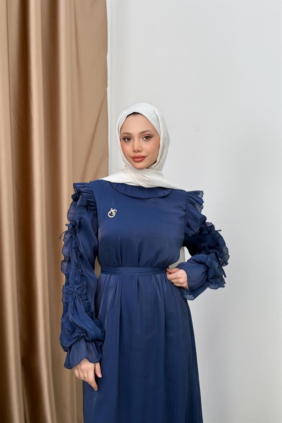 Fırfır Kollu Şifon Elbise - Lacivert