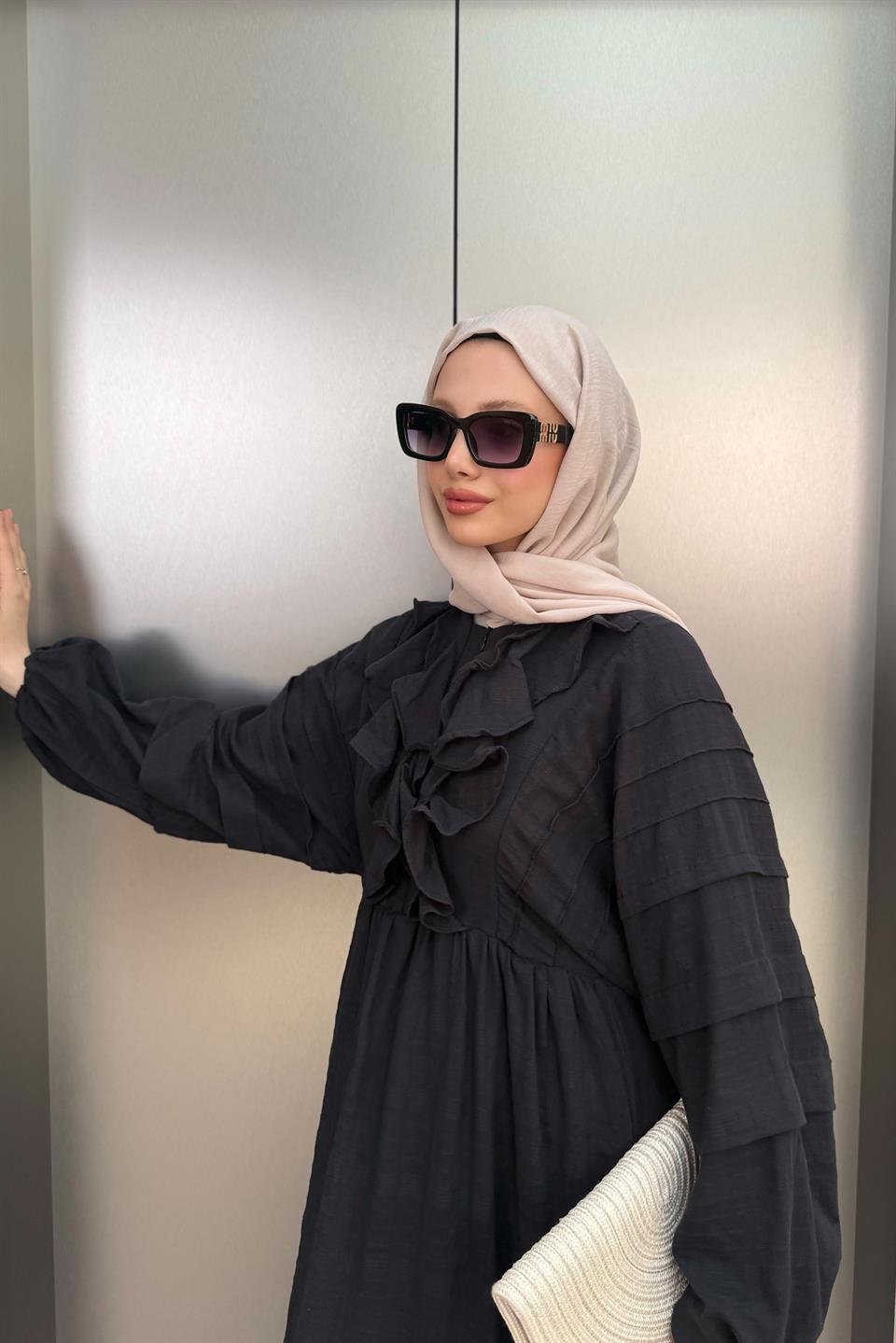 Fırfırlı Keten Elbise - Siyah