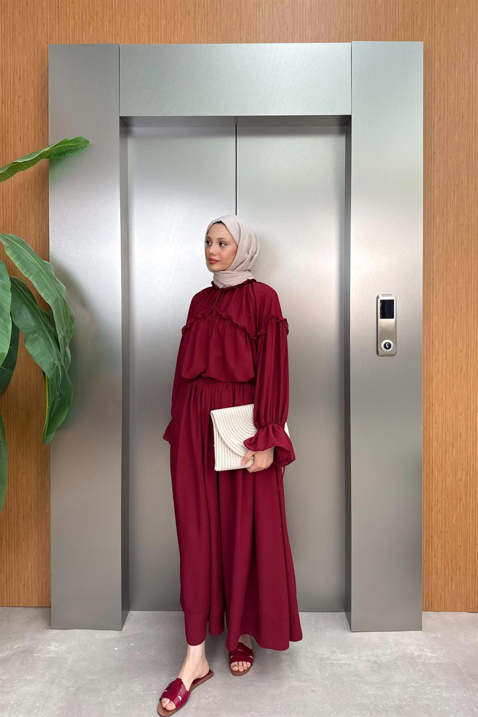 Ruffle Chiffon Trouser Suit - Burgundy