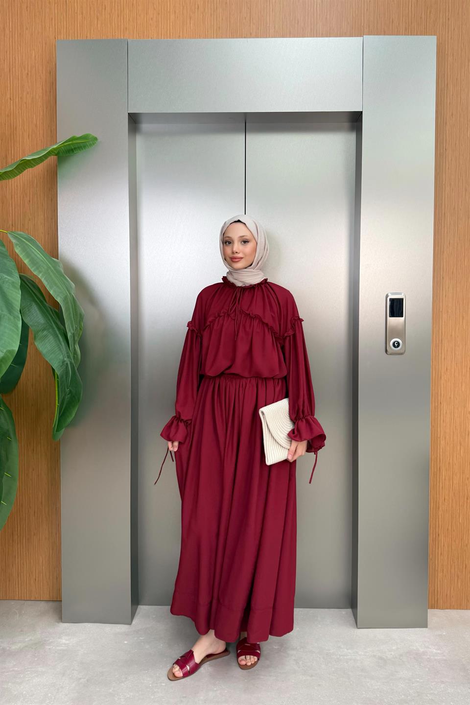 Ruffle Chiffon Trouser Suit - Burgundy