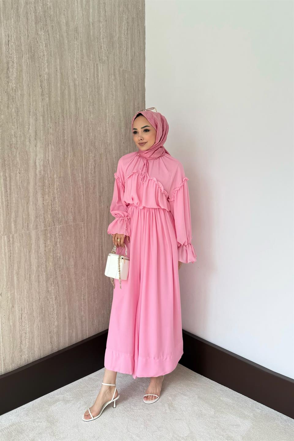 Fırfırlı Şifon Pantolonlu Takım - Pembe