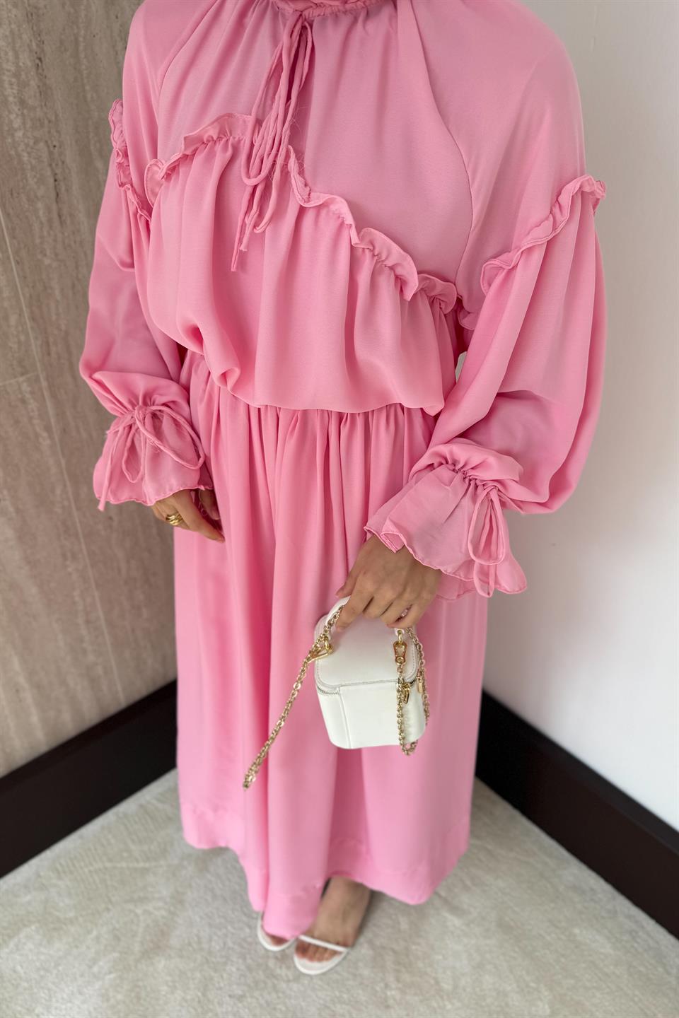 Fırfırlı Şifon Pantolonlu Takım - Pembe
