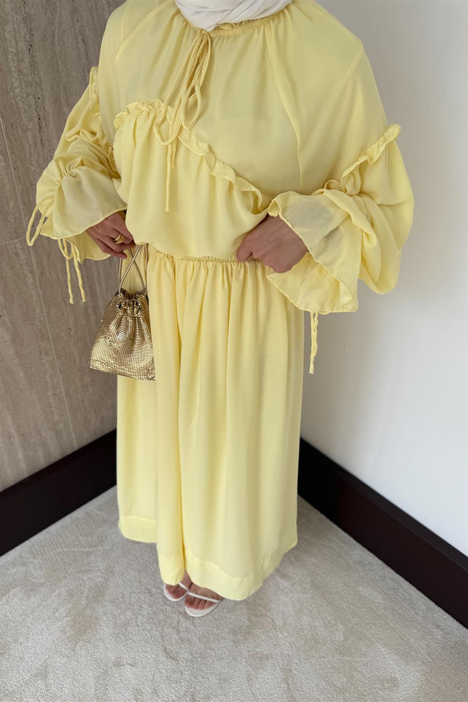 Fırfırlı Şifon Pantolonlu Takım - Sarı
