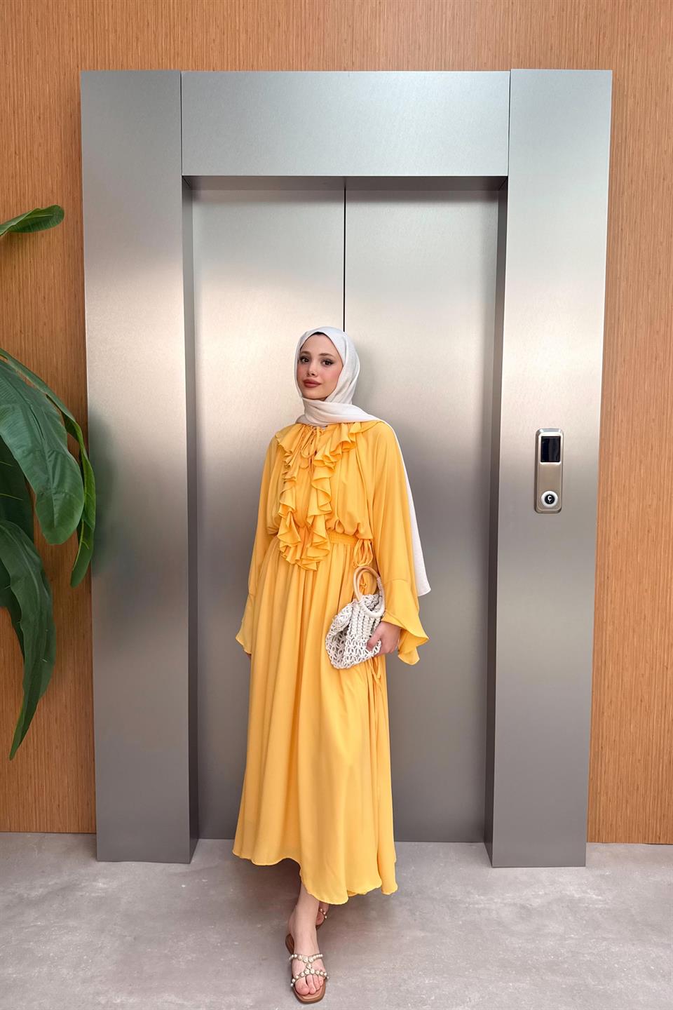 Fırfırlı Uzun Şifon Elbise - Sarı