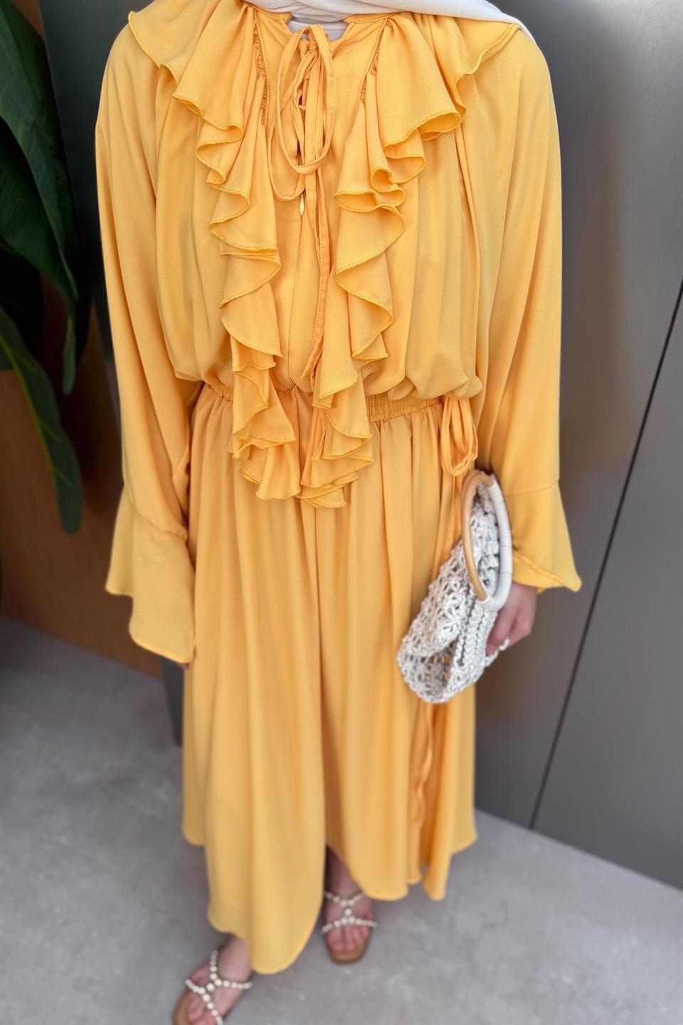 Fırfırlı Uzun Şifon Elbise - Sarı