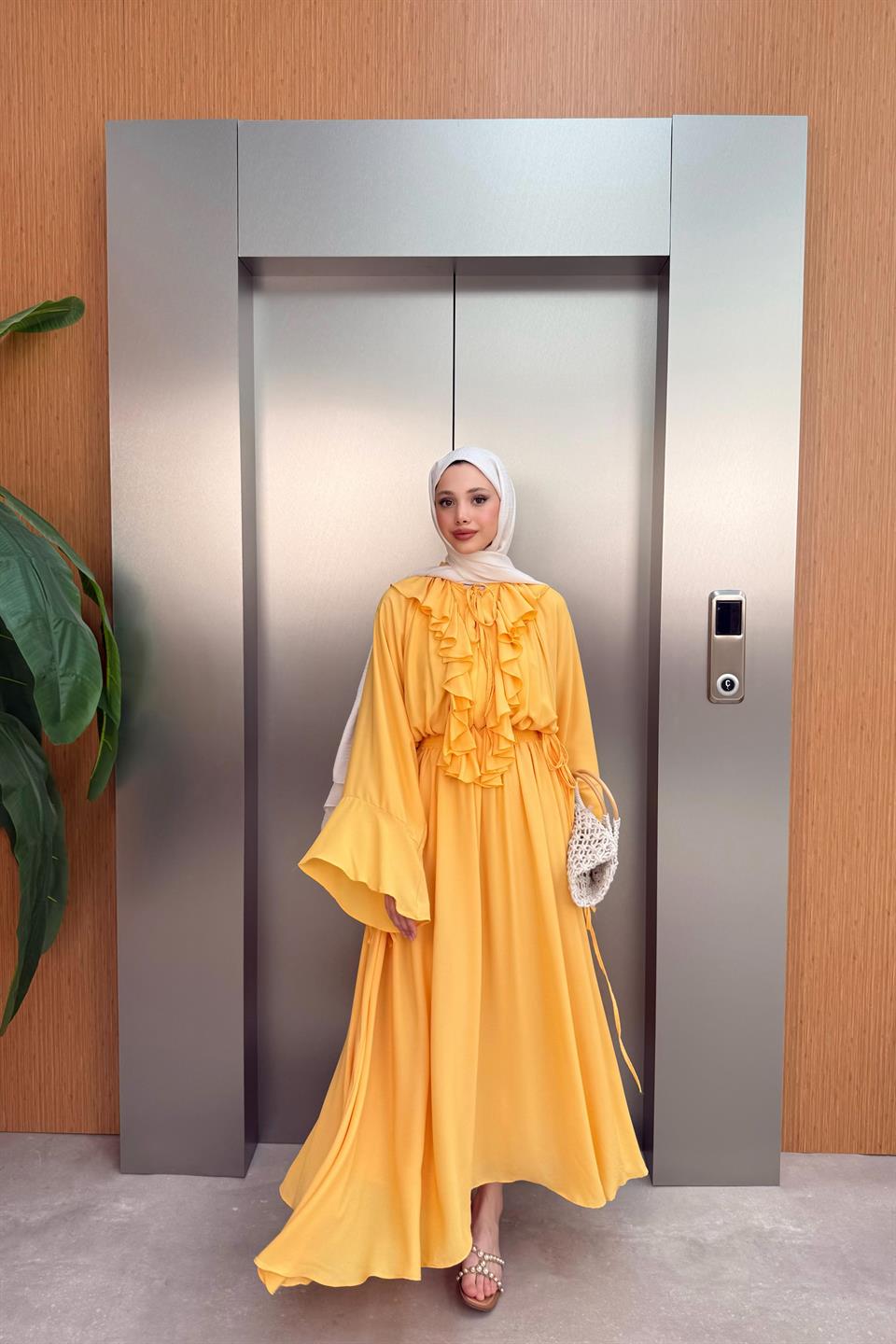 Fırfırlı Uzun Şifon Elbise - Sarı