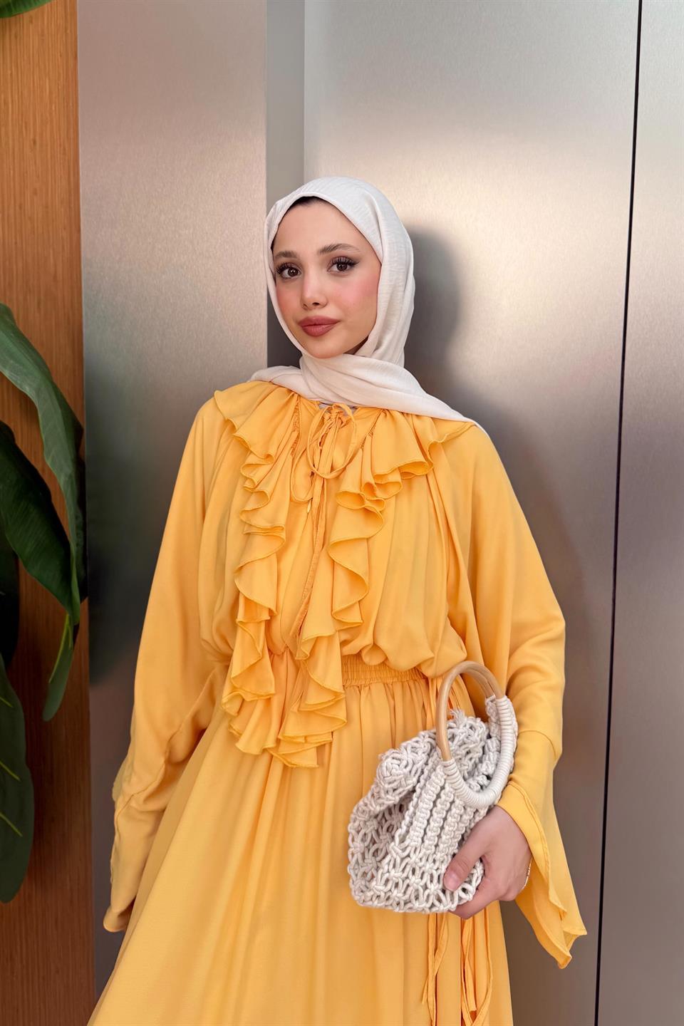 Fırfırlı Uzun Şifon Elbise - Sarı