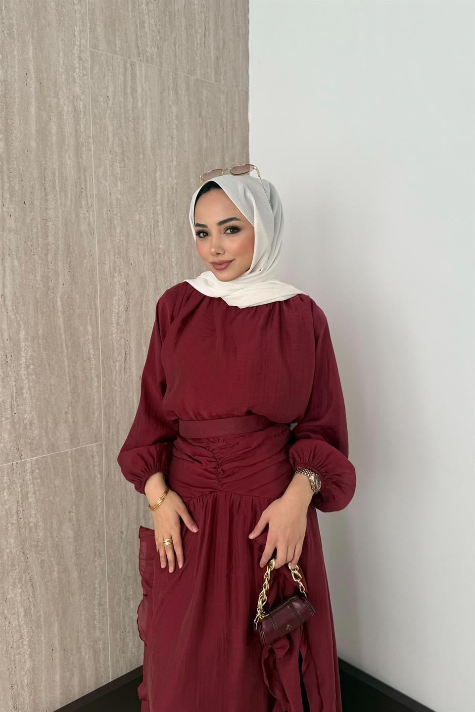 Fırfırlı Vual Etekli Takım - Bordo