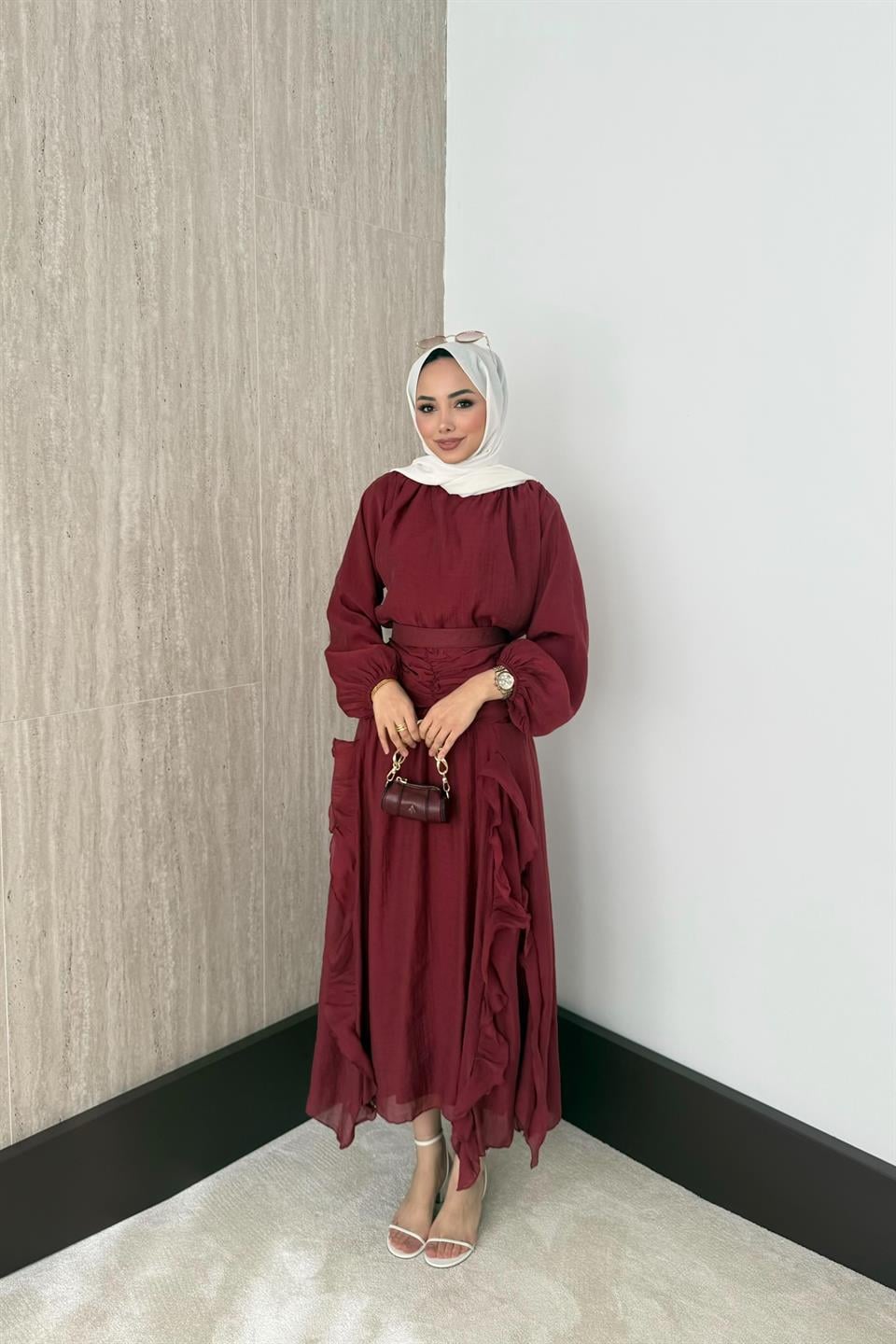 Fırfırlı Vual Etekli Takım - Bordo