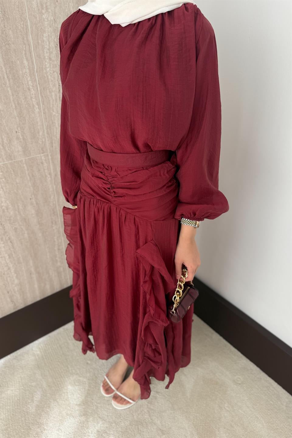Fırfırlı Vual Etekli Takım - Bordo