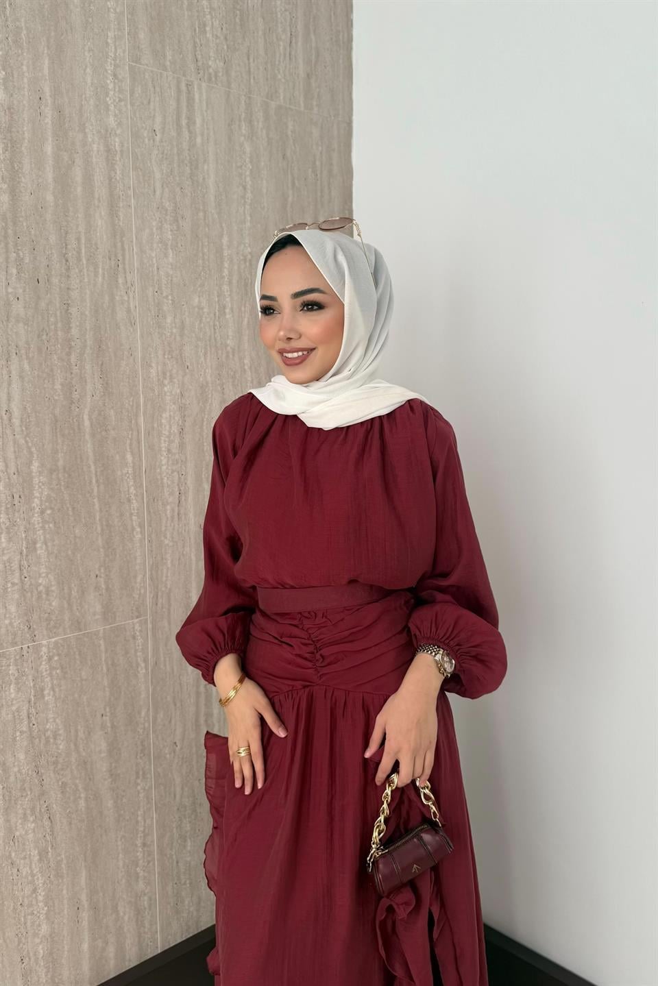 Fırfırlı Vual Etekli Takım - Bordo