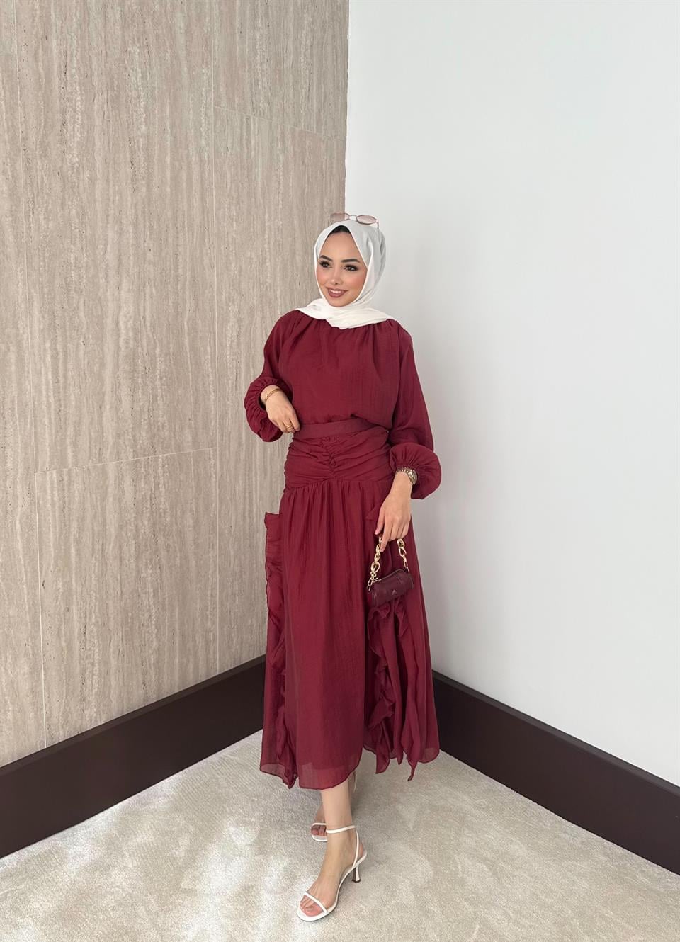 Fırfırlı Vual Etekli Takım - Bordo