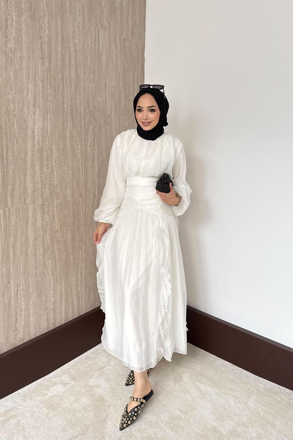 Fırfırlı Vual Etekli Takım - Ekru