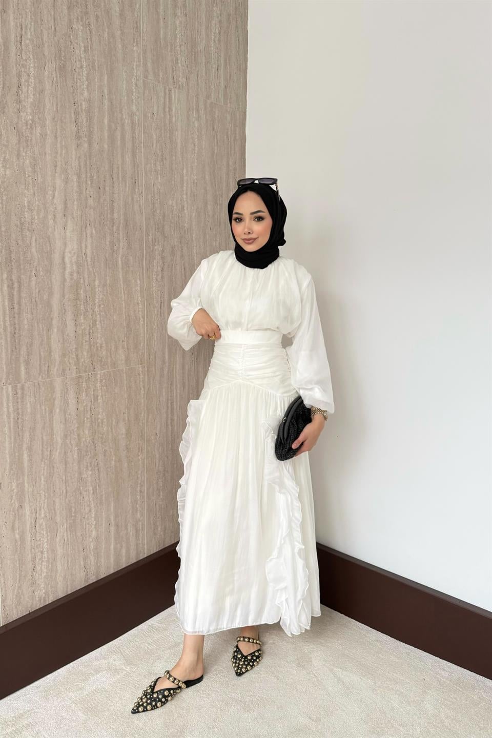 Fırfırlı Vual Etekli Takım - Ekru