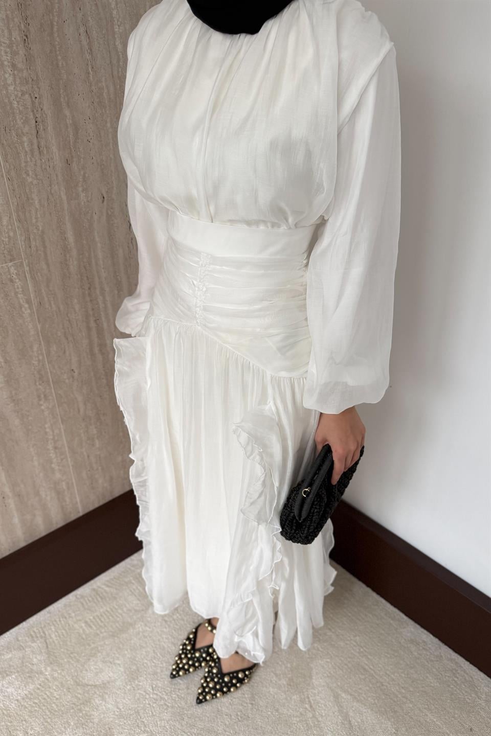 Fırfırlı Vual Etekli Takım - Ekru