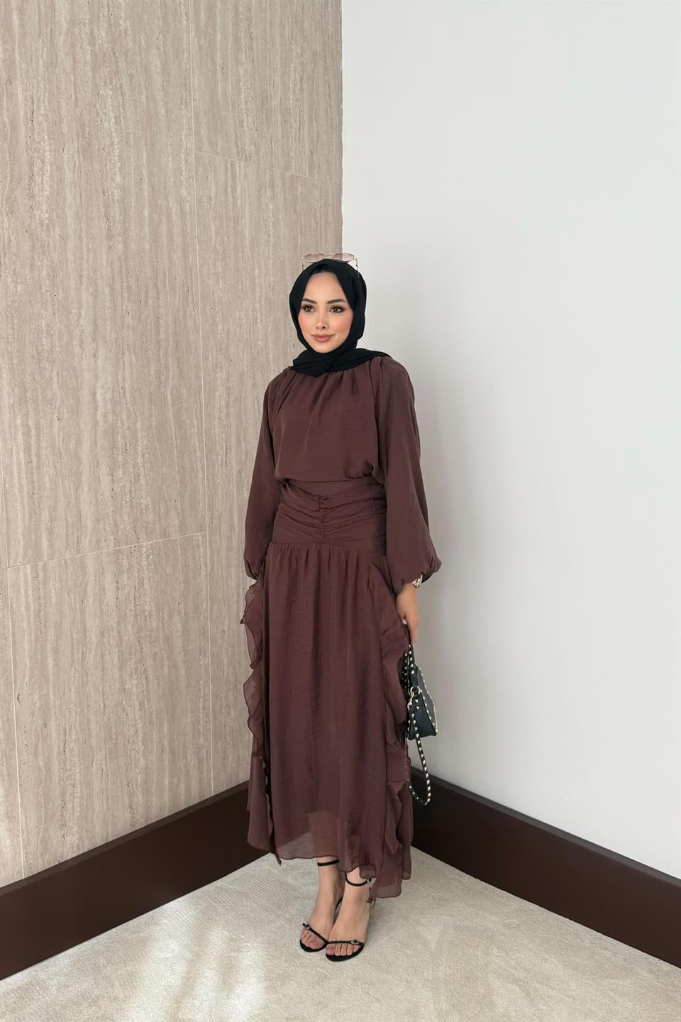 Fırfırlı Vual Etekli Takım - Kahve