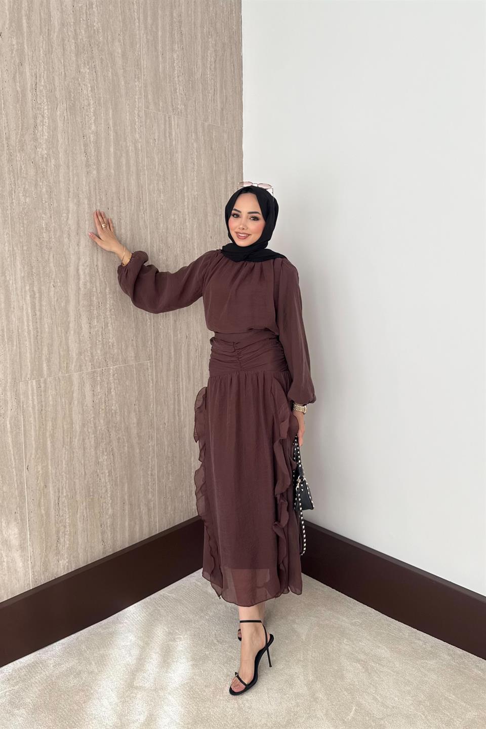 Fırfırlı Vual Etekli Takım - Kahve