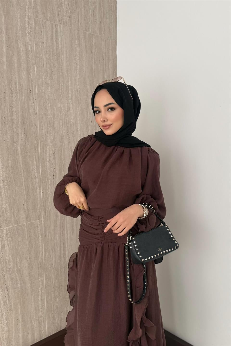 Fırfırlı Vual Etekli Takım - Kahve